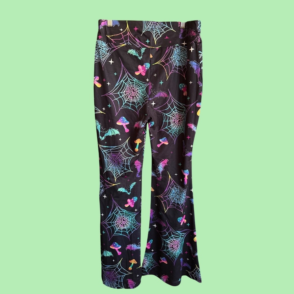 Psychedelic Spiderweb Mushroom Flare Pants Black Neon Mall Goth Bats 28x30.5 - Picture 2 of 4